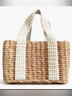 Isaac Mizrahi Woven Straw Tote with Pearl-Studded Cream Straps